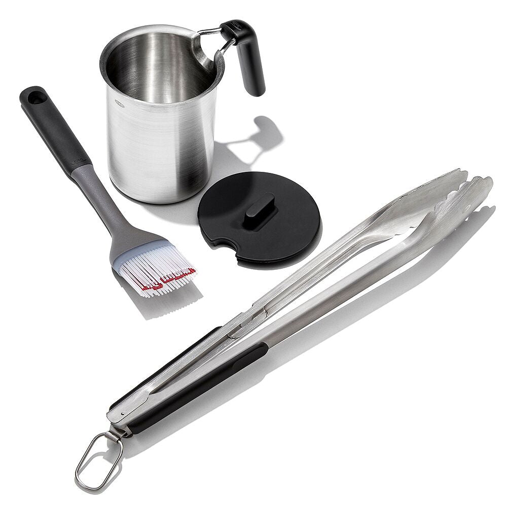 Grilling Basting Pot and Brush Set & Grilling Tongs with Built-In Bottle Opener Bundle I2
