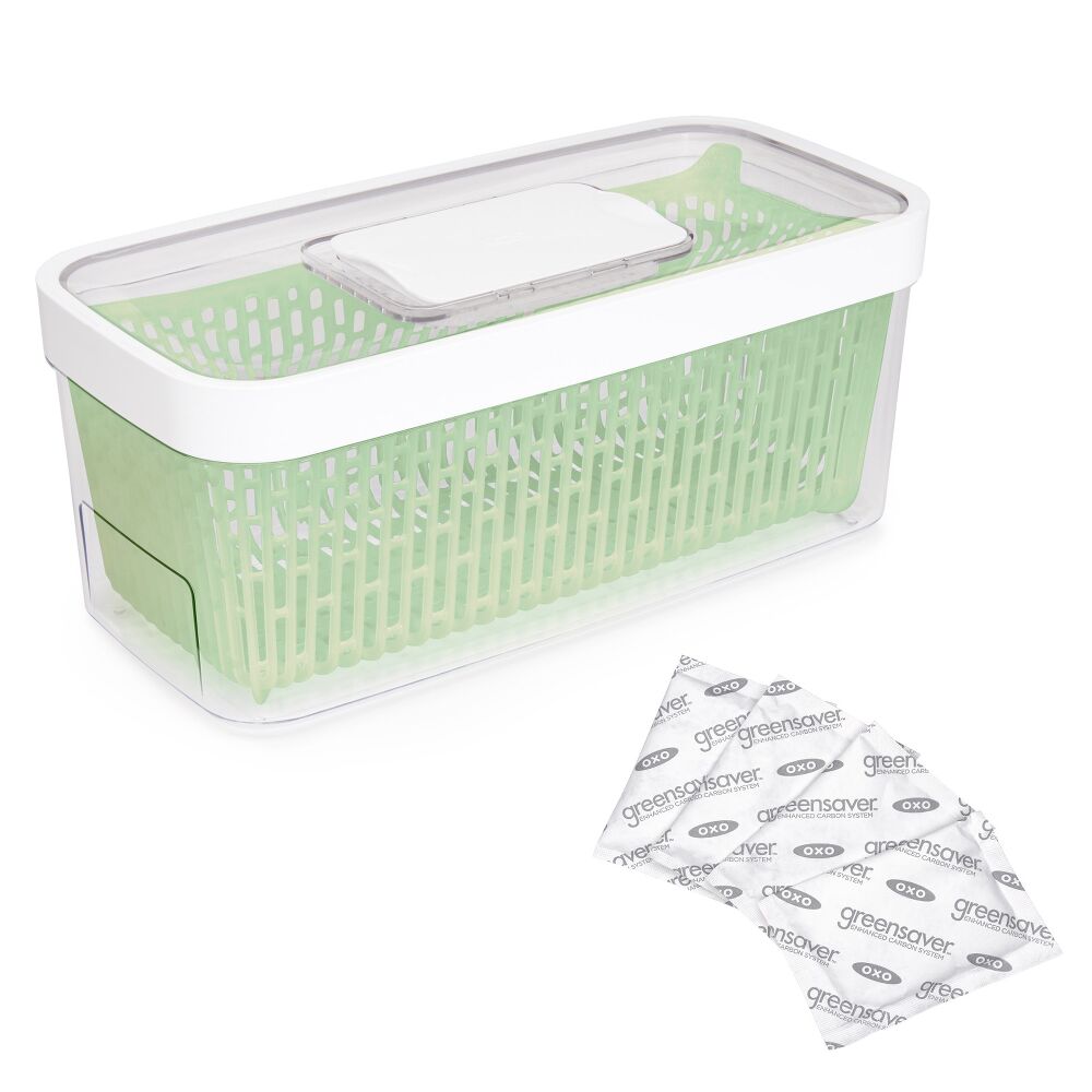 GreenSaver Produce Keeper (5.0 Qt) & OXO GreenSaver Carbon Filter Refills - 4 Pack Bundle Q9