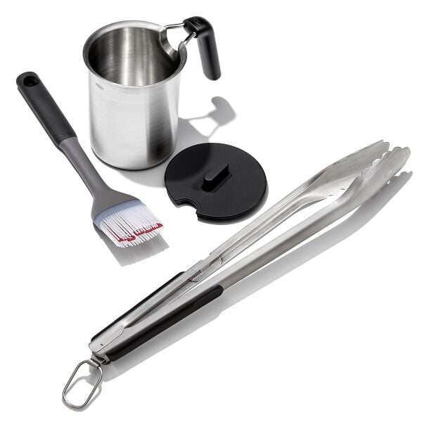 Grilling Basting Pot and Brush Set & Grilling Tongs with Built-In Bottle Opener Bundle I2